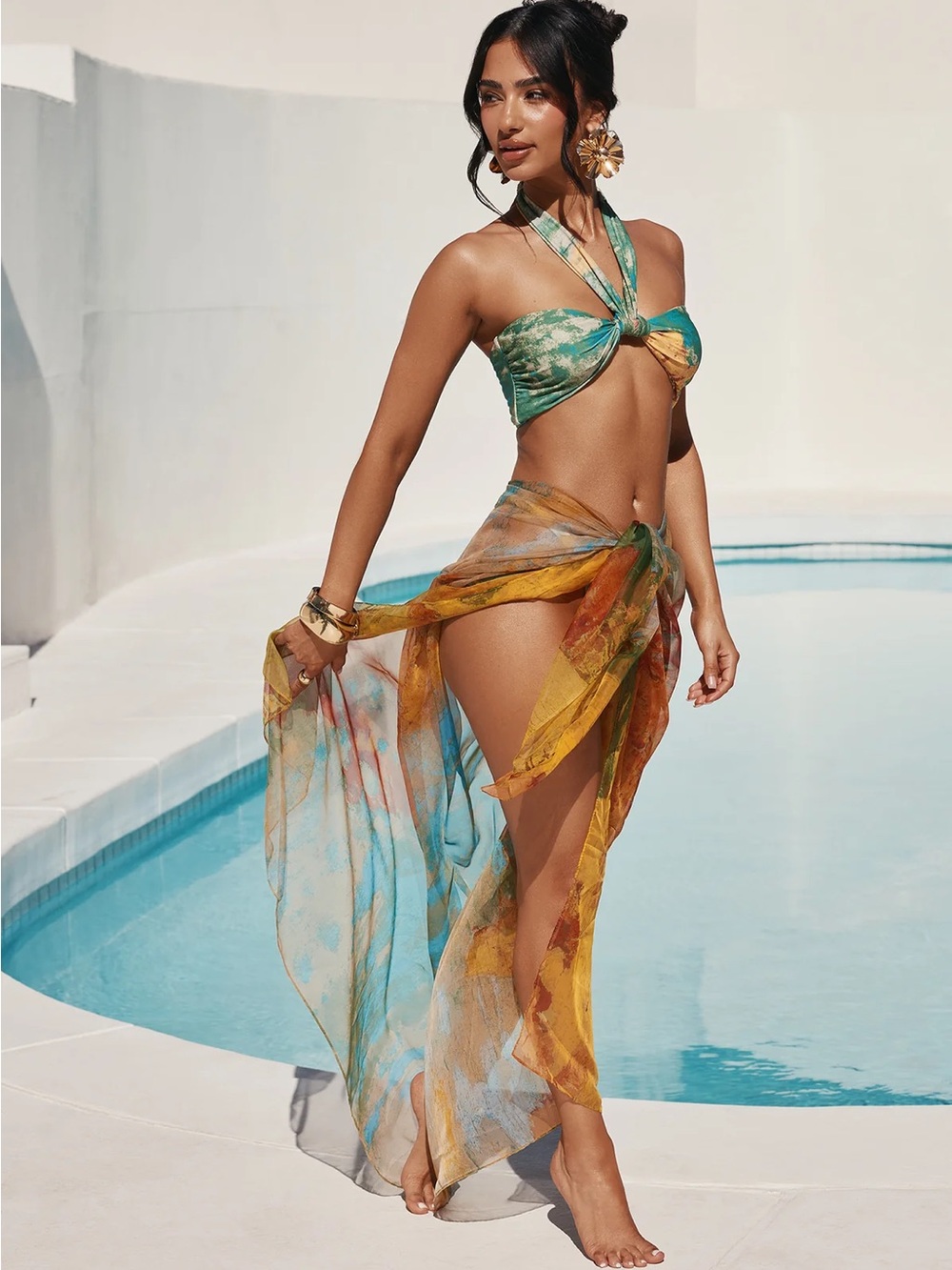 Mina Bandeau Halter Chiffon Sarong 3 Piece Bikini Set Tie front fashion nova